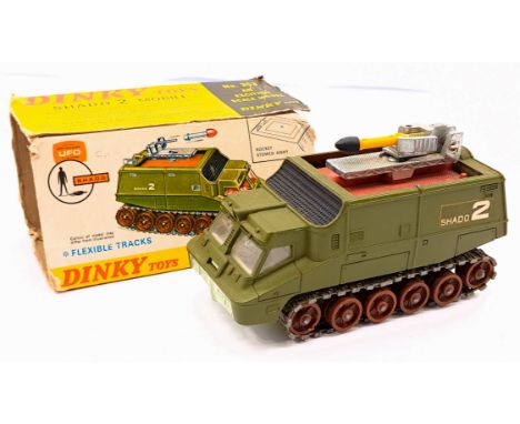 Dinky 353 "UFO" Shado 2 Mobile, green body, textured roof, rubber tracks, pale grey interior, with yellow and black missile, 