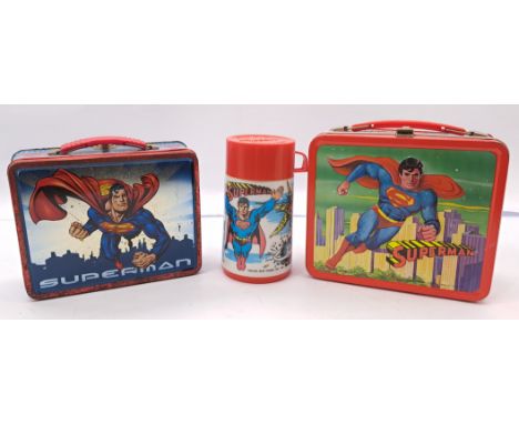 DC Comics, Superman 1978 Metal Lunchbox pair &amp; Thermos/Flask, Aladdin Industries, made in the USA, Generally Fair to Good