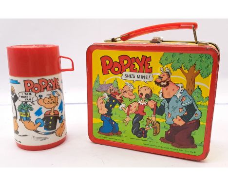 POPEYE 1980s Metal Lunchbox &amp; Thermos/Flask, Aladdin Industries, by King Features Syndicate, made in USA, generally Fair 
