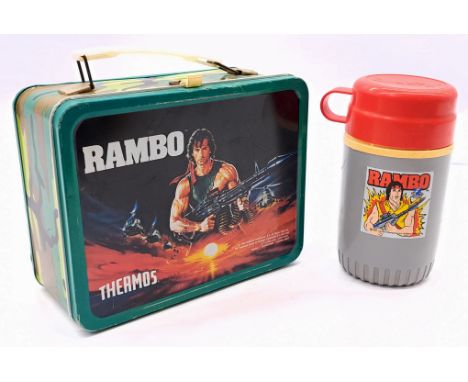 Thermos Rambo 1985 metal lunchbox, with clean plastic Bluebird flask/thermos, scratches throughout and some small areas of su