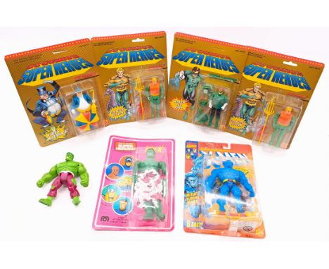 Mego/ToyBiz carded superhero action figures including: (1) Mego The Incredible Hulk, left forearm has detached; (2) ToyBiz DC