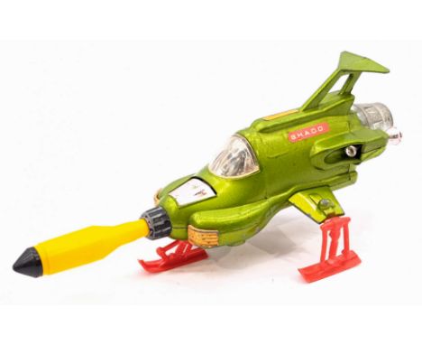 Dinky 351 "Shado" UFO Interceptor, metallic green, orange legs, comes with REPRODUCTION missile, some tarnishing to nose miss