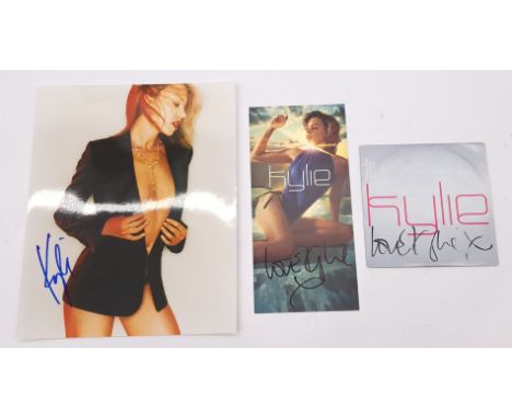 Kylie Minogue Autograph trio including Kylie CD with signature, Kylie Promo flyer signed, Kylie 10"x8" signed picture, No COA