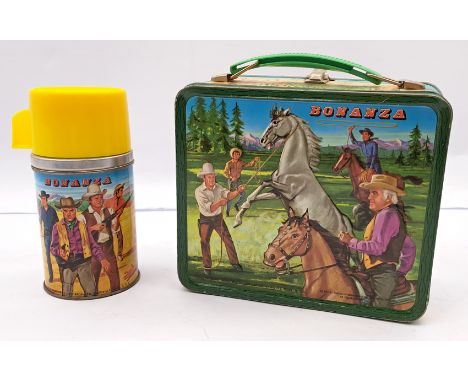 Bonanza Western Cowboy 1960s Metal Lunchbox &amp; Thermos/Flask, Aladdin Industries, made in USA, generally Fair to Good (scr