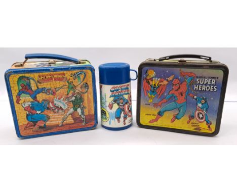 Marvel Comics, Super Heroes 1976-1984 Metal Lunchbox &amp; Thermos/Flask, Aladdin Industries, featuring Captain America, Spid