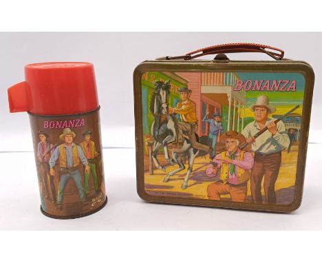 Bonanza Western Cowboy 1960s Metal Lunchbox &amp; Thermos/Flask, Aladdin Industries, generally Fair to Good (scratches throug