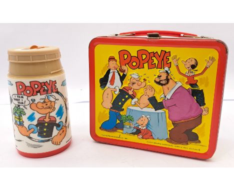 POPEYE 1980s Metal Lunchbox &amp; Thermos/Flask, Aladdin Industries, by King Features Syndicate, made in USA, generally Fair 
