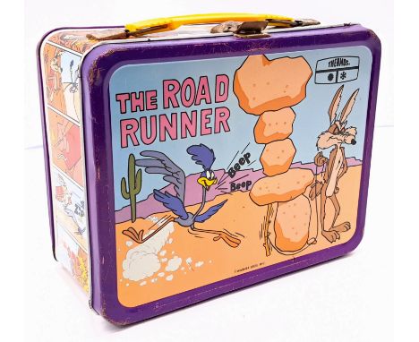 Thermos Road Runner 1970s metal lunchbox, MISSING flask/thermos, scratches throughout and some areas of surface rust, Fair to