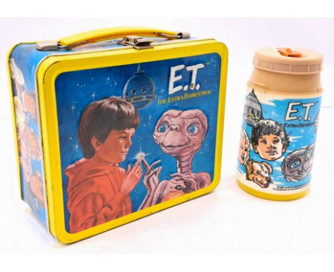 Aladdin Industries E.T. The Extra-Terrestrial 1982 metal lunch box, with clean plastic flask/thermos (MISSING lid), scratches
