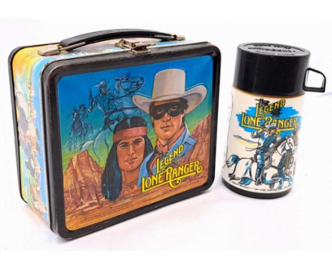 Aladdin Industries Lone Ranger 1980 metal lunchbox, with plastic flask/thermos, scratches throughout and some areas of surfac