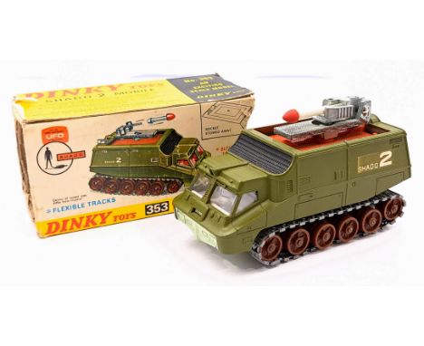 Dinky 353 "UFO" Shado 2 Mobile, green body, textured roof, rubber tracks, pale grey interior, with white and red missile, Goo