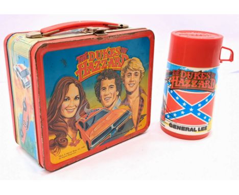 Aladdin Industries The Dukes of Hazzard 1980 metal lunchbox, with clean plastic flask/thermos (damage to handle), scratches t