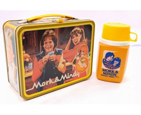 Thermos Mork &amp; Mindy 1979 metal lunchbox, with clean plastic flask/thermos, scratches throughout and some small areas of 