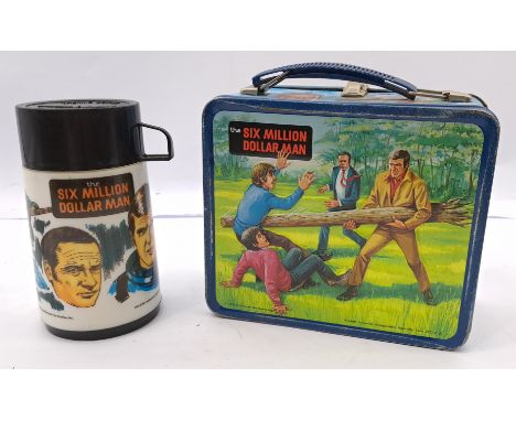 The Six Million Dollar Man, 1974 Metal Lunchbox &amp; Flask, Aladdin Industries, Universal Studios, made in USA, generally Fa