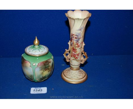 A Royal Worcester Hadley Ware lidded Pot - lid damaged and a Royal Worcester blush Vase, 6 3/4'' high, damage to top