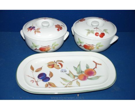 Two Royal Worcester Tureens and an oblong Platter, all 'Evesham' pattern.