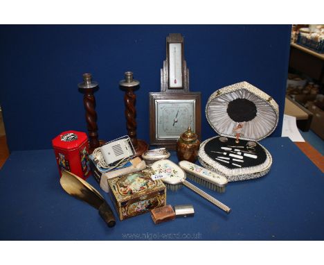 A quantity of miscellanea including a Ronson lighter, cloisonné pot and lid, barometer, horn scoop, barley twist candlesticks