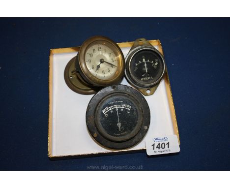 Two 2'' diameter approx. old motor vehicle Ampere Meters, one 0-30 amps with rear two-screw fixing, and one 20 amps with thre