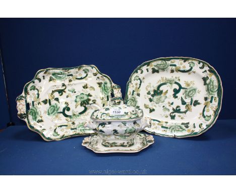 A Mason's 'Chartreuse' pattern lidded Sauce Tureen and ladle, a large hexagonal Tureen Stand and a small Meat Platter.