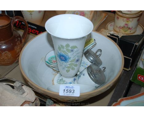 A Wedgwood 'Clementine' Vase, a quantity of Chinese Soup Spoons, two  Wedgwood Egg Coddlers, a hand painted Trinket Dish of a