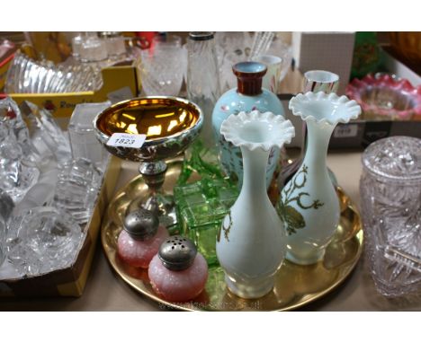 A tray of coloured glass including green footed chevron pattern body Bud Vase with silver rim, two pairs of coloured glass Va