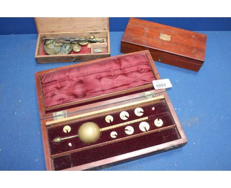 A boxed Sykes Hydrometer, an empty instrument box and a boxed set of chemist's Scales