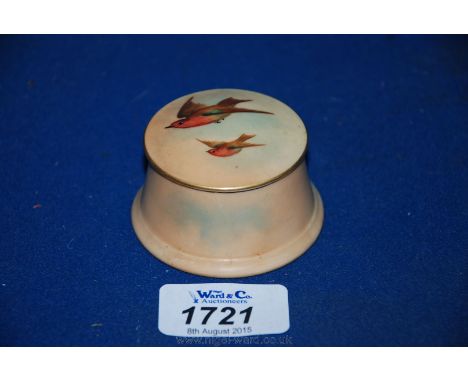 A Royal Worcester lidded Trinket Pot painted with Robins in flight.