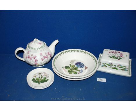 A Portmeirion Butter Dish and lid, plate, dish, teapot and three pin trays.