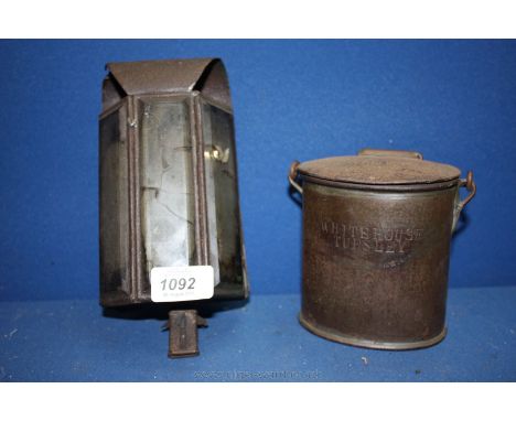 A small metal Tin with lid and carrying handle inscribed with the name D. Jones, White House,Tupsley - makers name ''The Brit