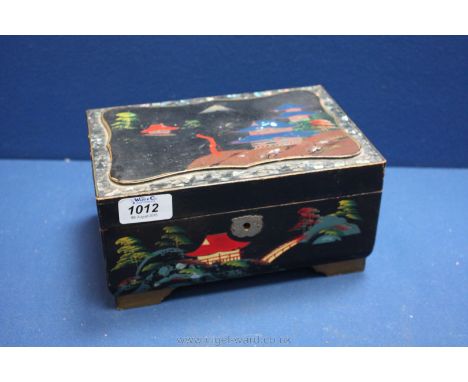 A lacquered Mother of Pearl and painted musical Jewellery Box.