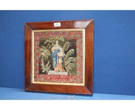 A framed Tapestry of a standing figure by Catherine Hughes, circa 1850, 11 1.2'' square.
