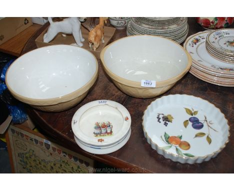 Two 10 1/2'' diameter Mixing Bowls, a Worcester 'Evesham' 9''  Flan Dish and a Baby Bowl a/f decorated with three Dutch girls