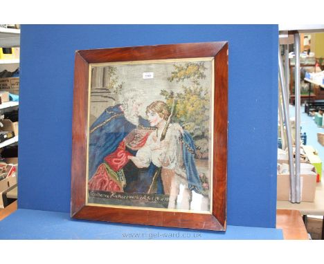 A framed Tapestry of a biblical scene by Catherine Hughes, 1858, 18'' x 20''.