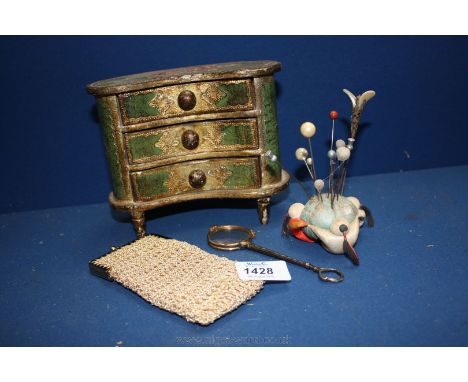 A pair of Lorgnettes, three drawer Jewellery Chest and a Pin Cushion with Hat Pins