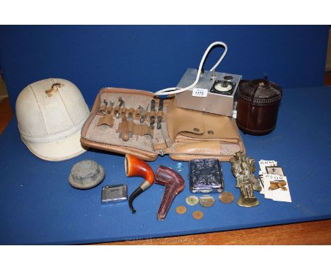 A box containing a 1950's white leather Crash Helmet, a transformer box with Cigarette Lighter take off, a G.P.O. No. 3 leath