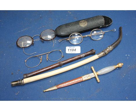 Miscellaneous old Spectacles, a letter opener from Toledo and a Silver bound ivory pipe stem