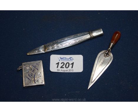 A Silver Pencil, Silver Trowel Bookmark with agate handle and a Silver Stamp Box.