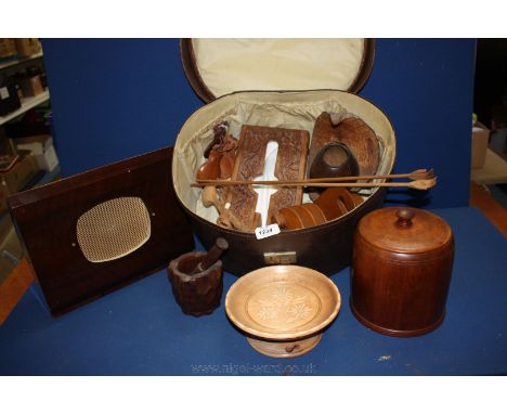 A Vanity Case and a quantity of Treen including Biscuit Barrel, Letter Rack, Tissue Box cover, etc., plus a minor Bafflette w