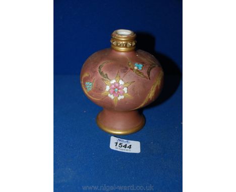 A Royal Worcester aesthetic bulbous Vase decorated with enamelled flowers and embellished with gilt leaves 5 1/2'' tall. a/f