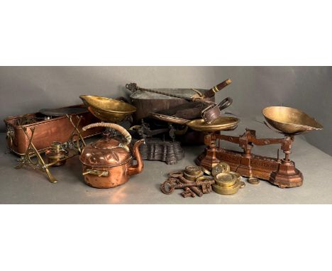 A quantity of copper, brass and mixed metal items to include scales, spirit kettle and various brasses 