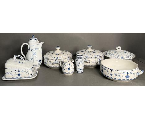 A selection of blue and white ceramics to include a Royal Copenhagen coffee pot and lidded tureens 