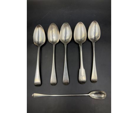 Five Georgian spoons hallmarked for London various makers and a Victorian soda spoon, hallmarked for London 1896 William Gibs