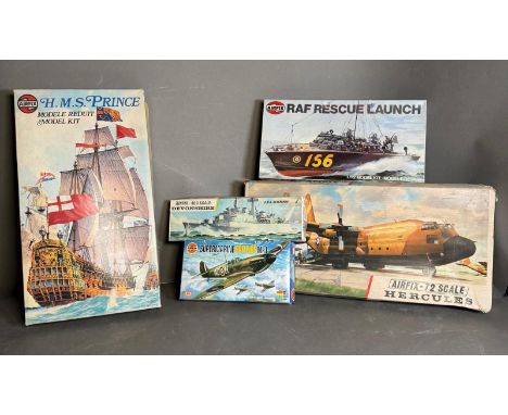 Five vintage Airfix model kits to include H.M.Sprice, R.A.F rescue launch and H.M.S Devonshire, AF