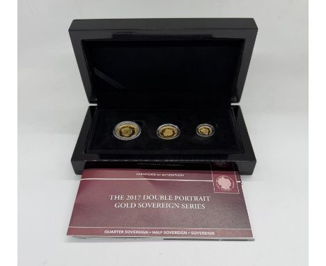 A Hattons 2017 Double portrait gold sovereign series, comprising full, half and quarter sovereign commemorating the platinum 