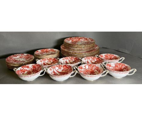 A Royal Crown Derby "Red Aves" pattern part dinner service comprising of eight dinner plates, eight salad plates, seven side 
