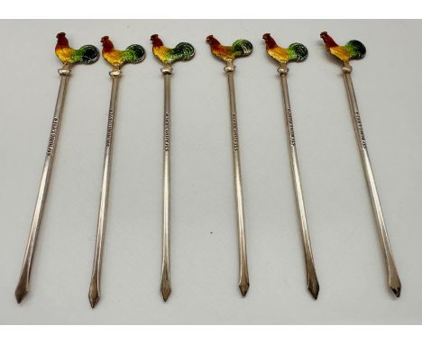 A set of six sterling silver and enamel rooster cocktail sticks