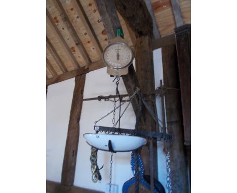 Old Salter hanging scales with enamel pan