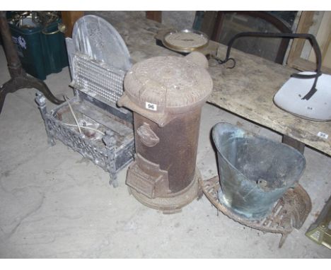 Old cast iron pot stove, decorative fire A/F, bucket and grate