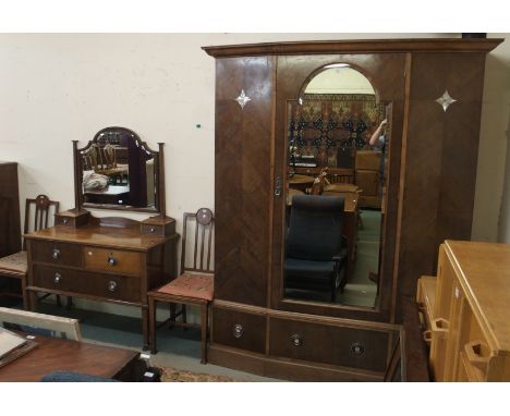 A wardrobe with single mirror, mother of pearl inlay over three drawers, 207cm high x 168cm wide x 58cm deep dressing chest w
