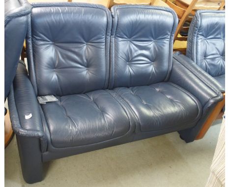 A blue leather Ekorness Stressless two seater sofa, 91cm high x 143cm wide Condition Report: Available upon request